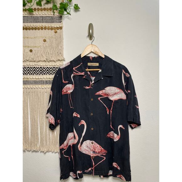 Tommy Bahama Pink Flamingo Hawaiian Black 100% Silk Men’s Shirt XL - Picture 1 of 10